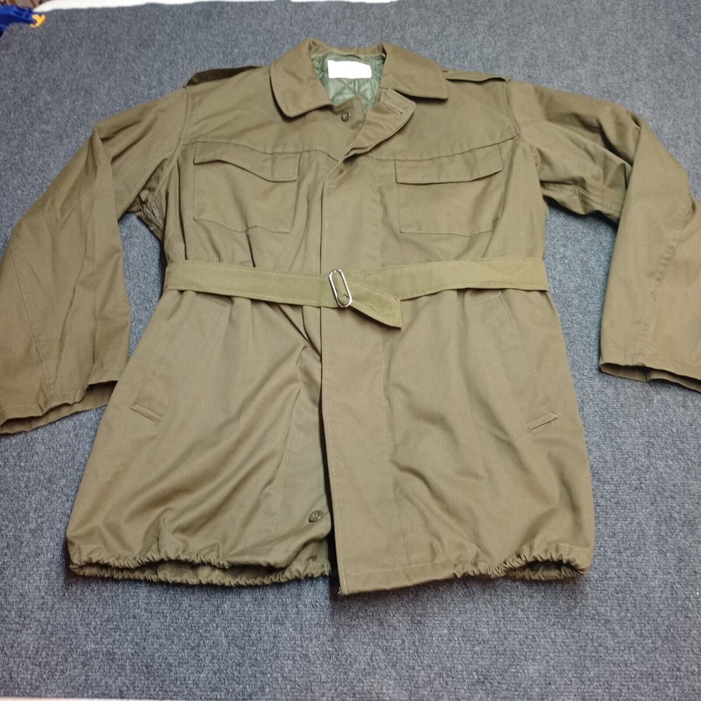 Vintage Belgian Quilted Lined Military‎ Coat Adult Medium Green Full Zip Belted